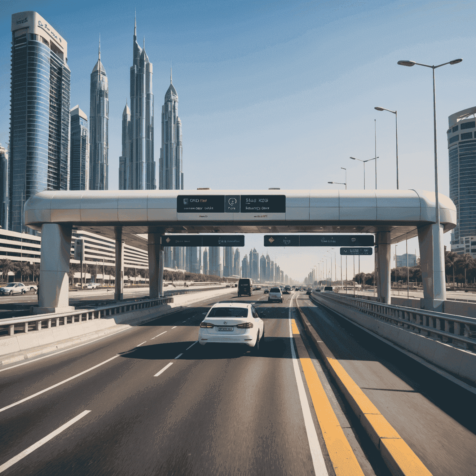 A modern toll gate in Dubai with sleek design, showing a car passing through smoothly. The image highlights the advanced technology used in the toll system, with digital displays and contactless payment indicators visible.
