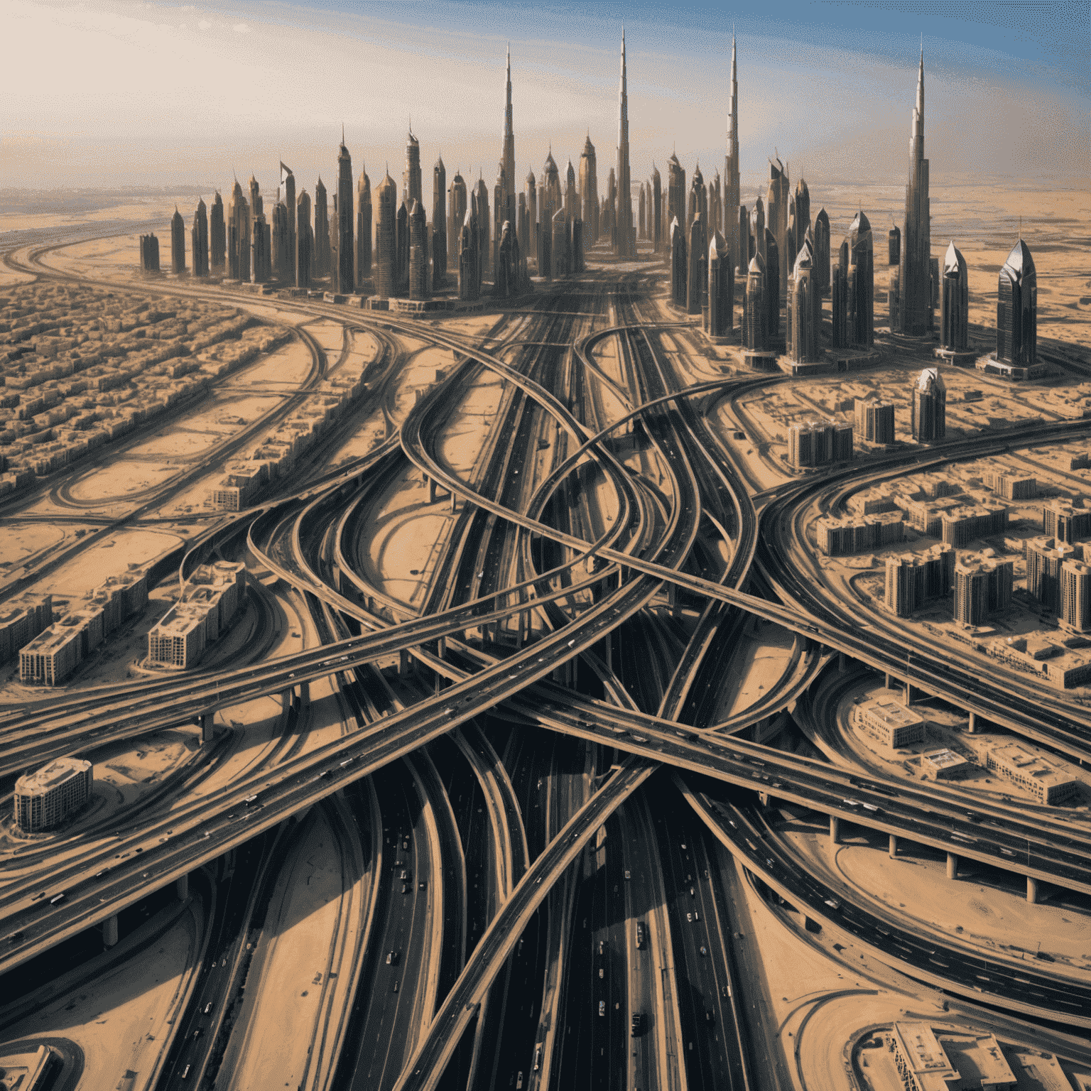 Aerial view of Dubai's highway network with visible traffic patterns, showcasing the city's iconic skyline in the background