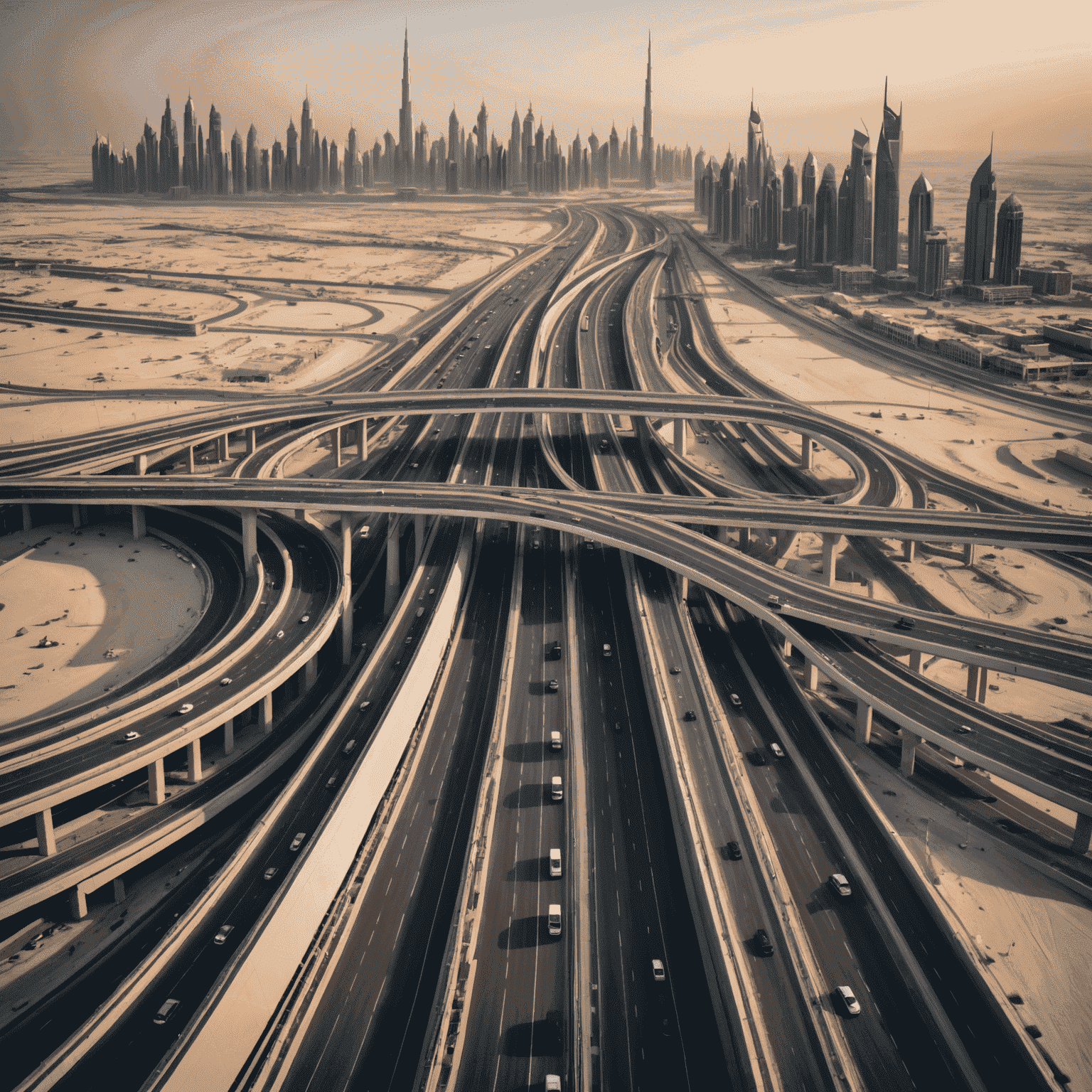 Aerial view of Dubai's modern highway system with integrated toll gates, showcasing sleek design and advanced technology