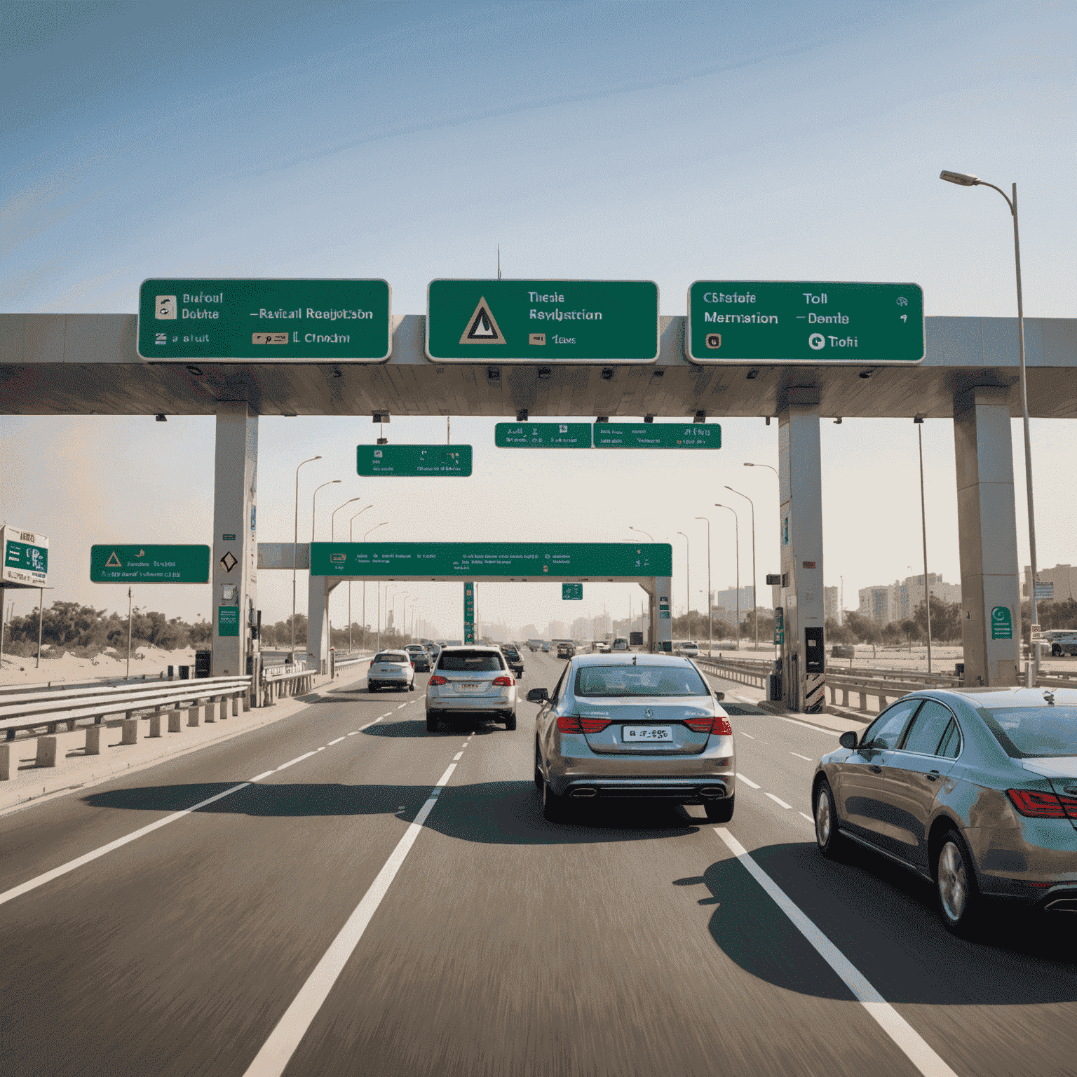 A digital form with vehicle details and a toll gate in the background, representing the toll registration process in Dubai