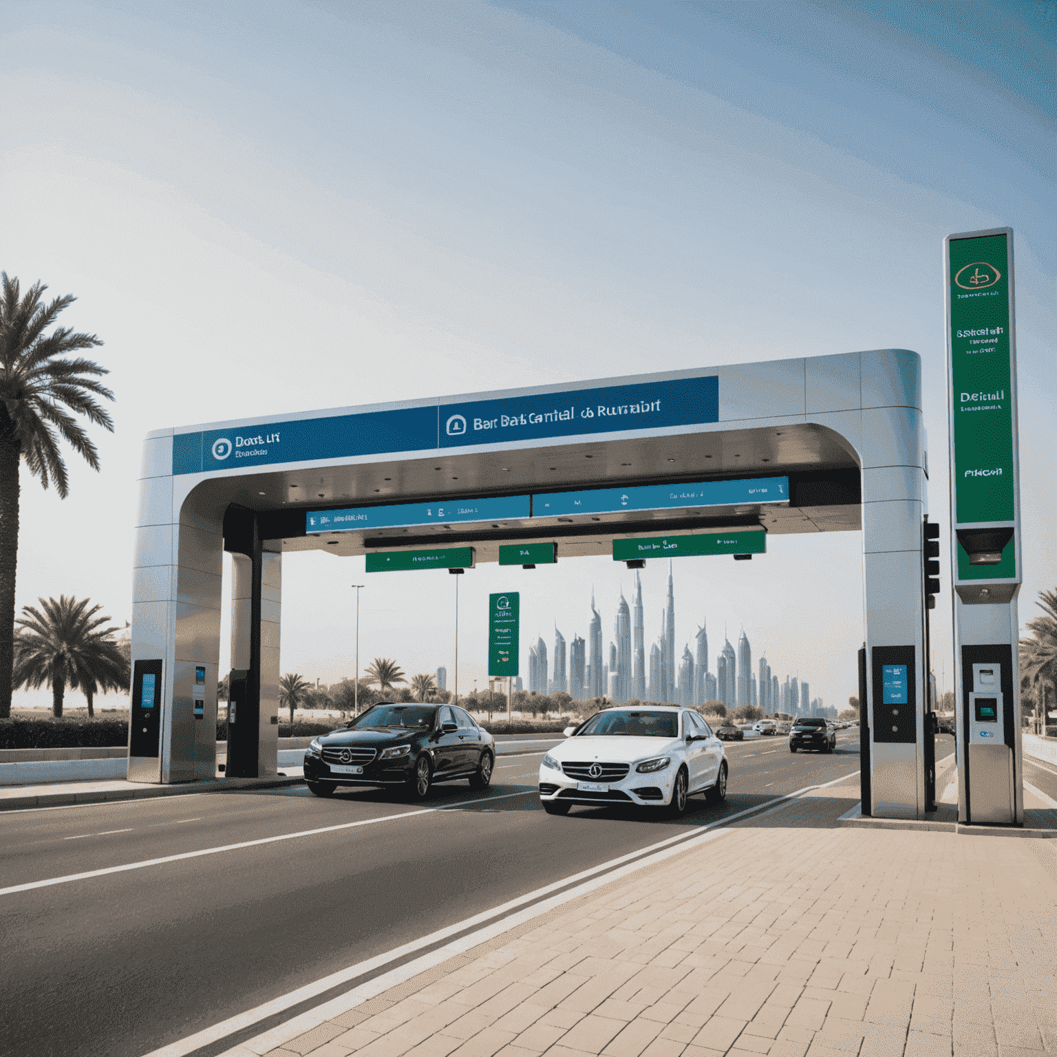 A modern toll gate in Dubai with sleek design, featuring electronic sensors and a digital display. Luxury cars passing through smoothly.