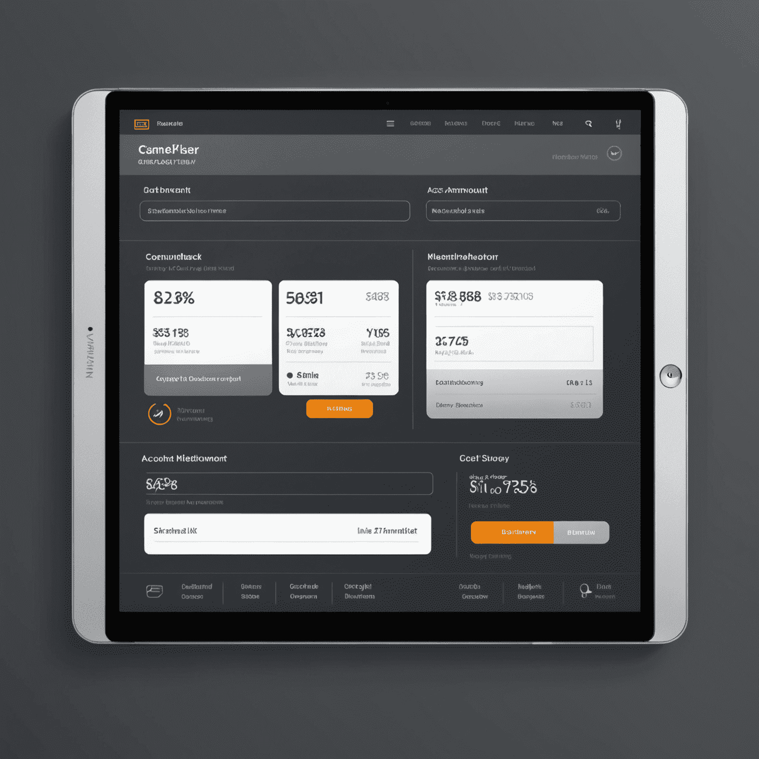 A sophisticated interface showing a NewMethodAe account dashboard with options for transaction history, personal information update, and smart card management. The design features a clean layout with charcoal and silver gradients, elegant typography, and intuitive icons representing different account features.