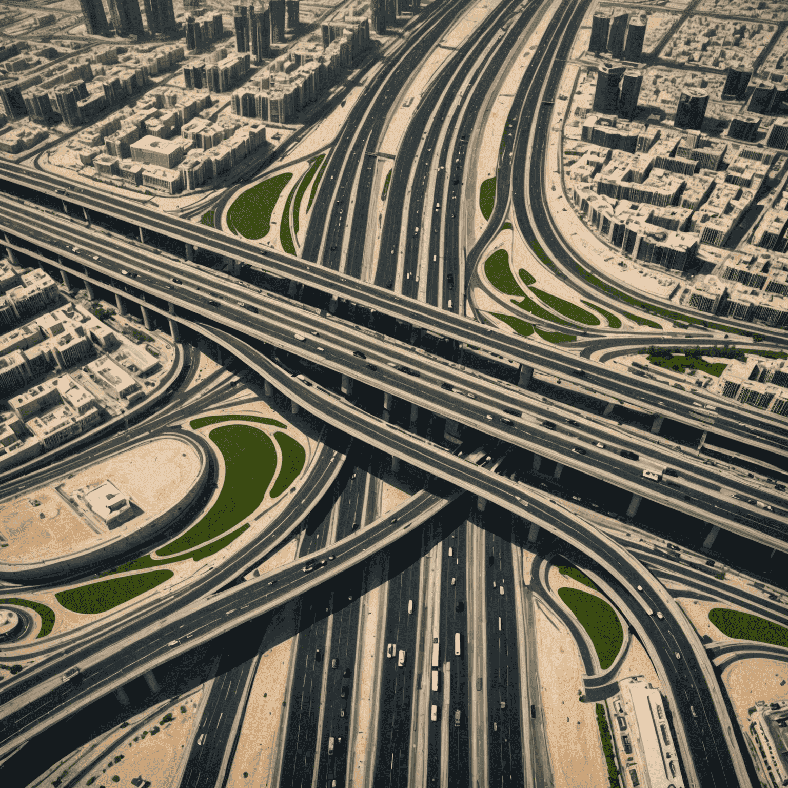 Aerial view of Dubai highways with real-time traffic data overlay, showing congested areas in red and clear roads in green