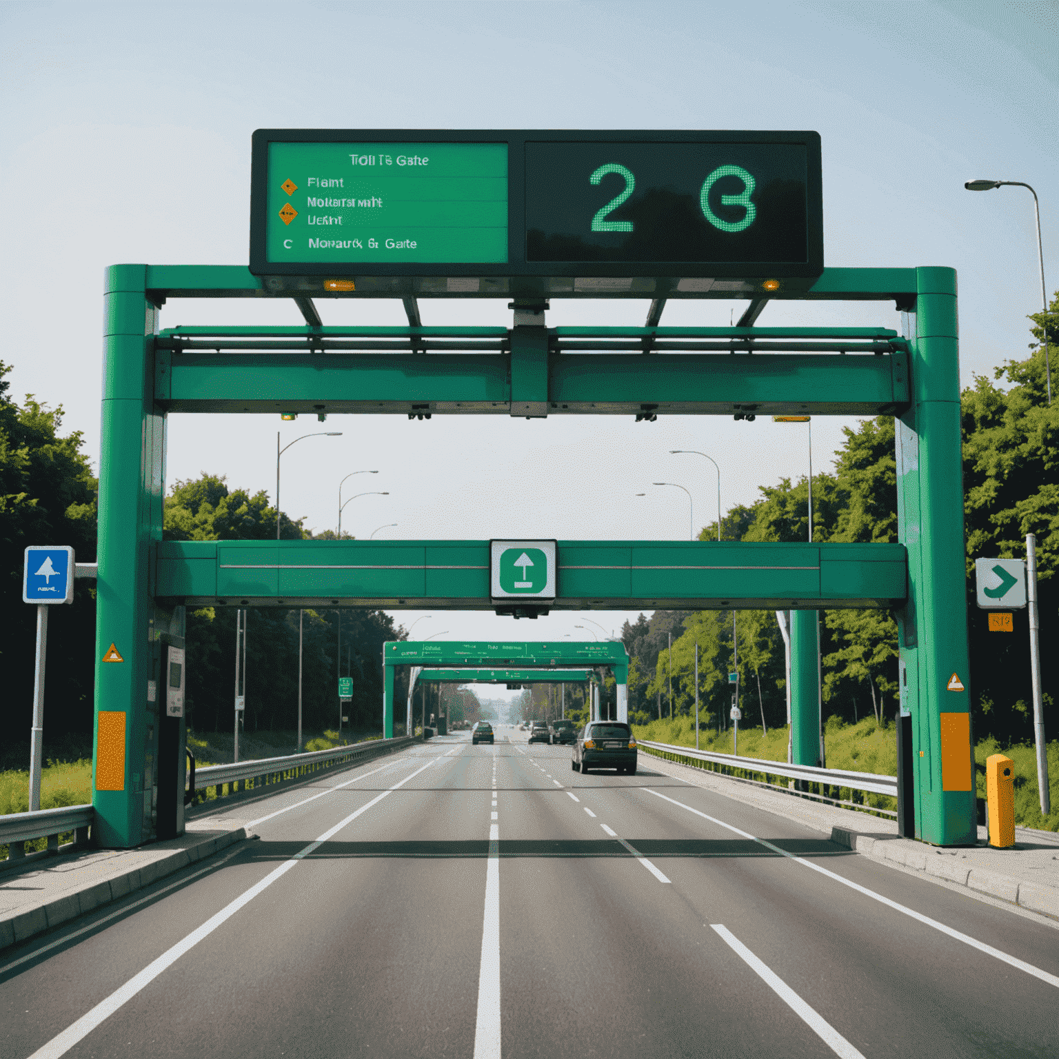Close-up of a modern toll gate with digital display showing green light for passage