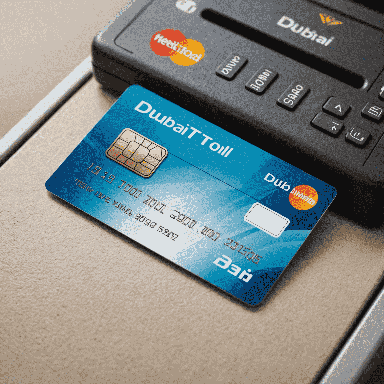 Close-up of a Dubai toll smart card with embedded chip, showcasing its sleek design and the NewMethodAe logo
