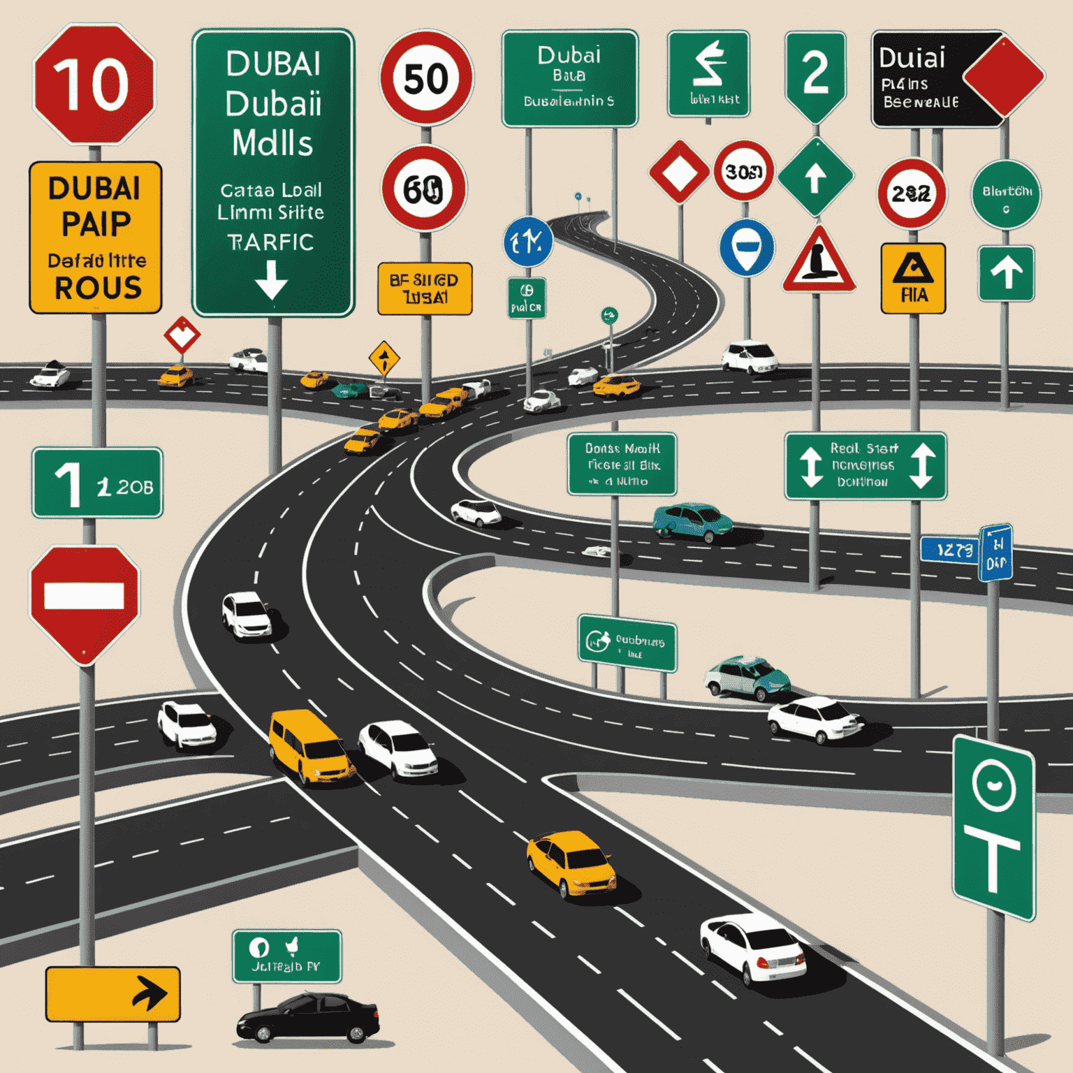 Infographic showing Dubai's road signs, speed limits, and common traffic rules, designed in a clean and modern style