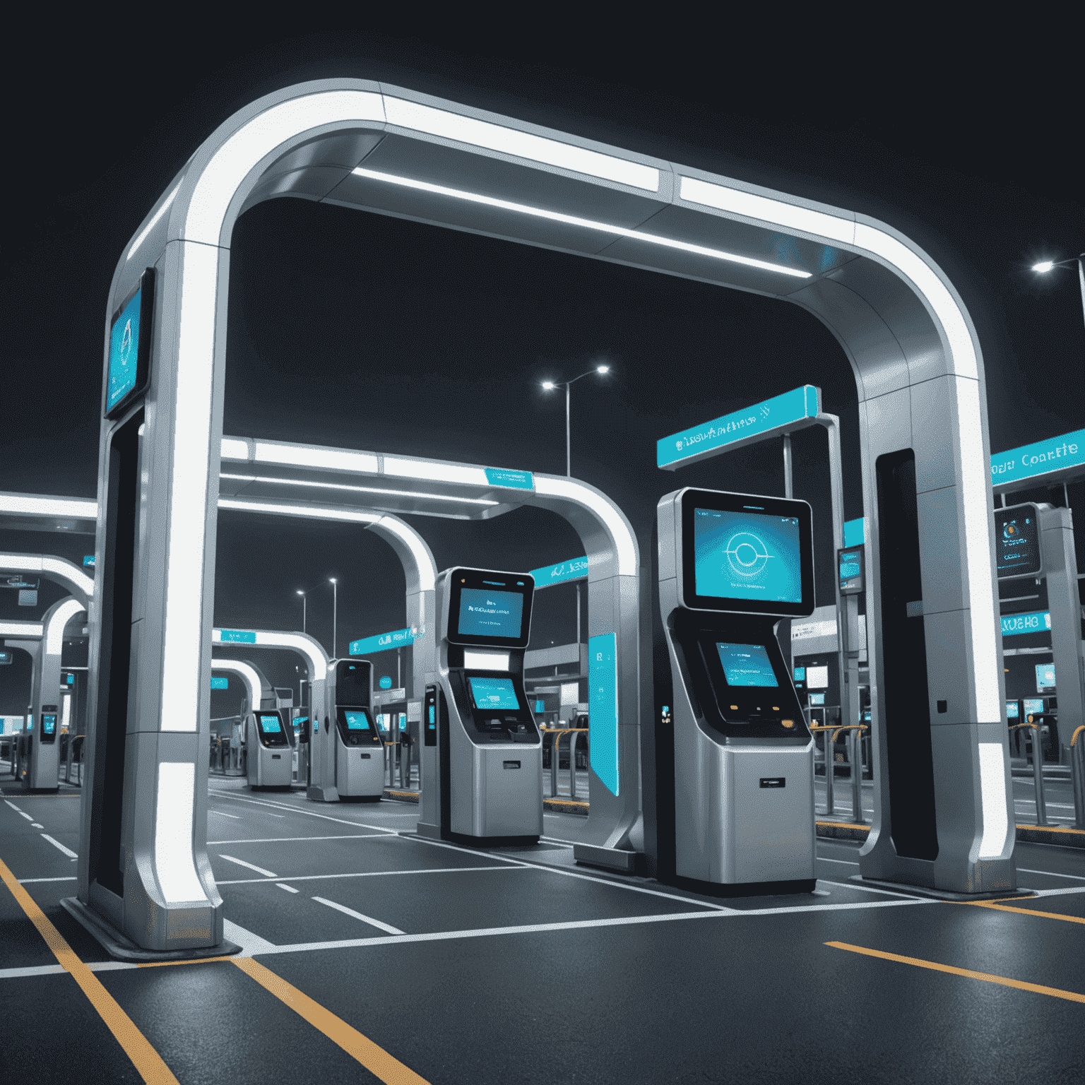 Futuristic toll gate with holographic display showing smart card processing and contactless payment options