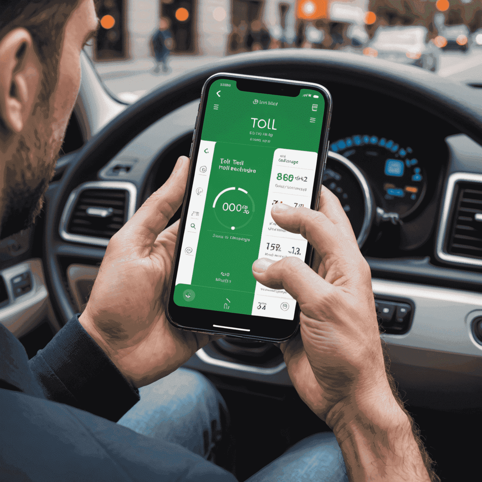 Hand holding a smartphone displaying a toll recharge app interface