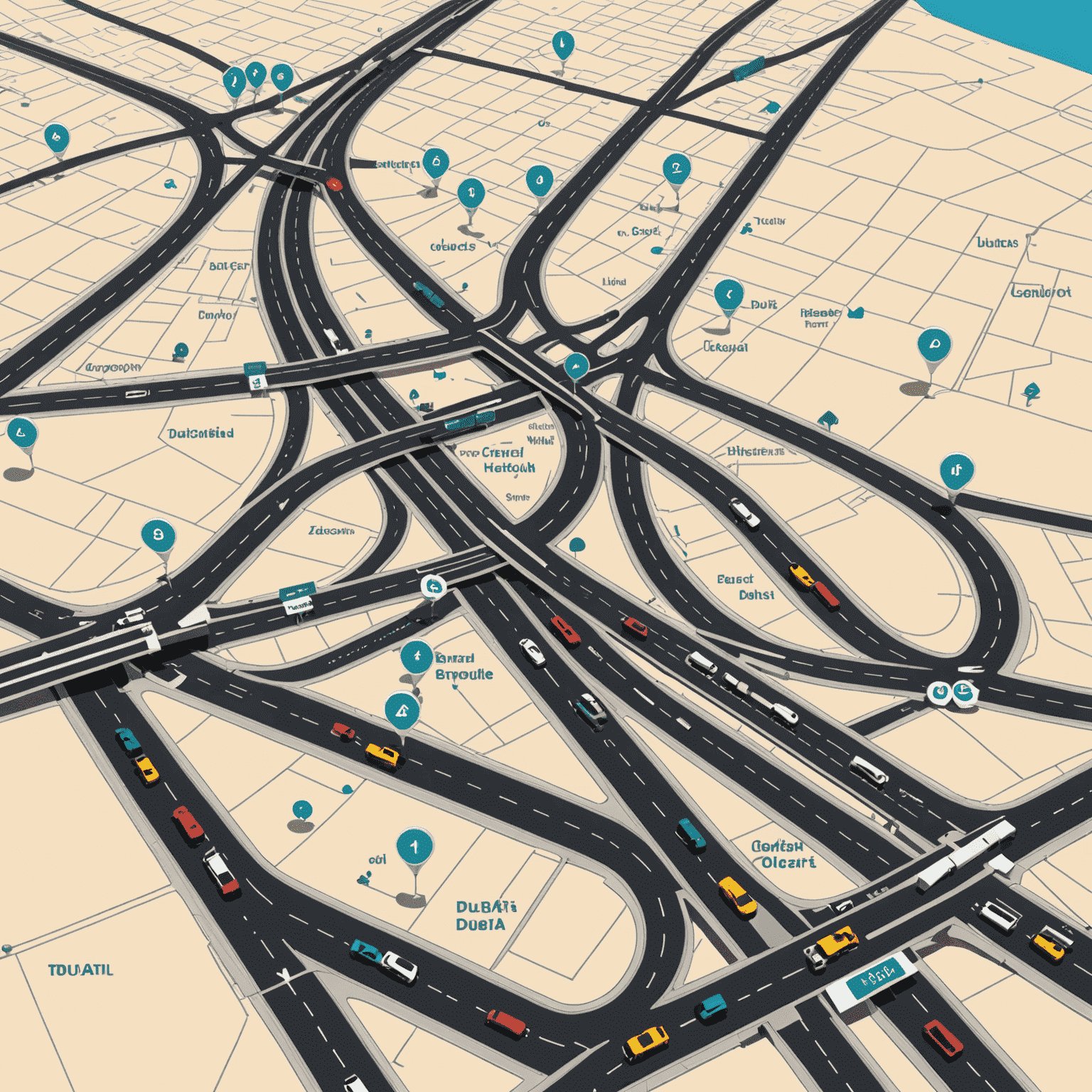 An interactive map of Dubai showing various toll gate locations marked with pins, roads highlighted, and a legend explaining different types of toll checkpoints