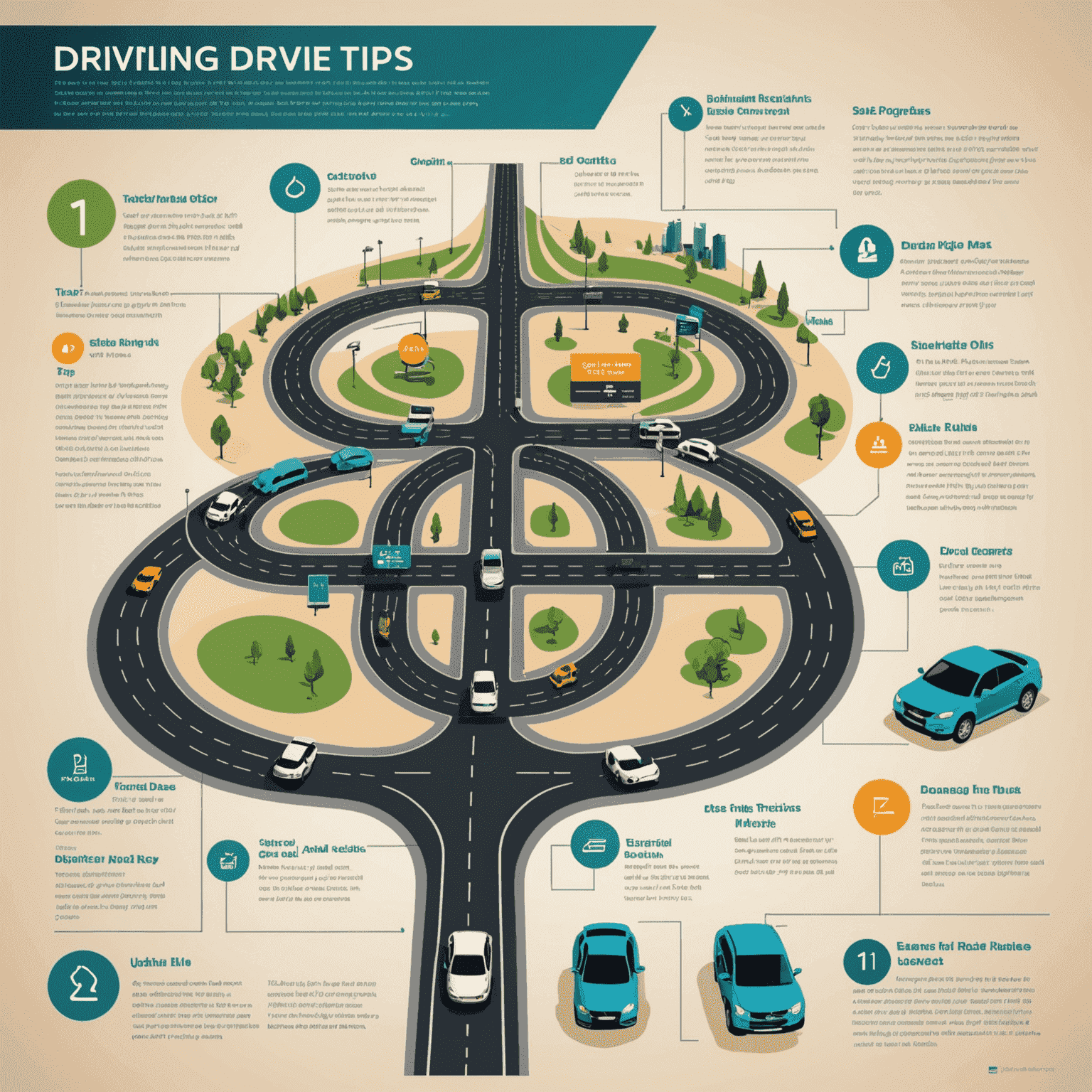 Infographic showing various driving tips and tricks, including optimal routes, toll recharge methods, and smart card usage in Dubai